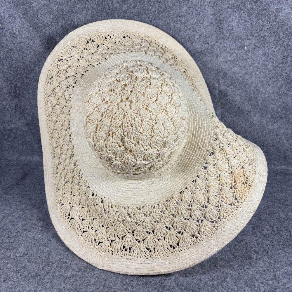 Nine West Womens Wide Brim Floppy Sun Hat OS Cream Crochet Straw Beach Summer